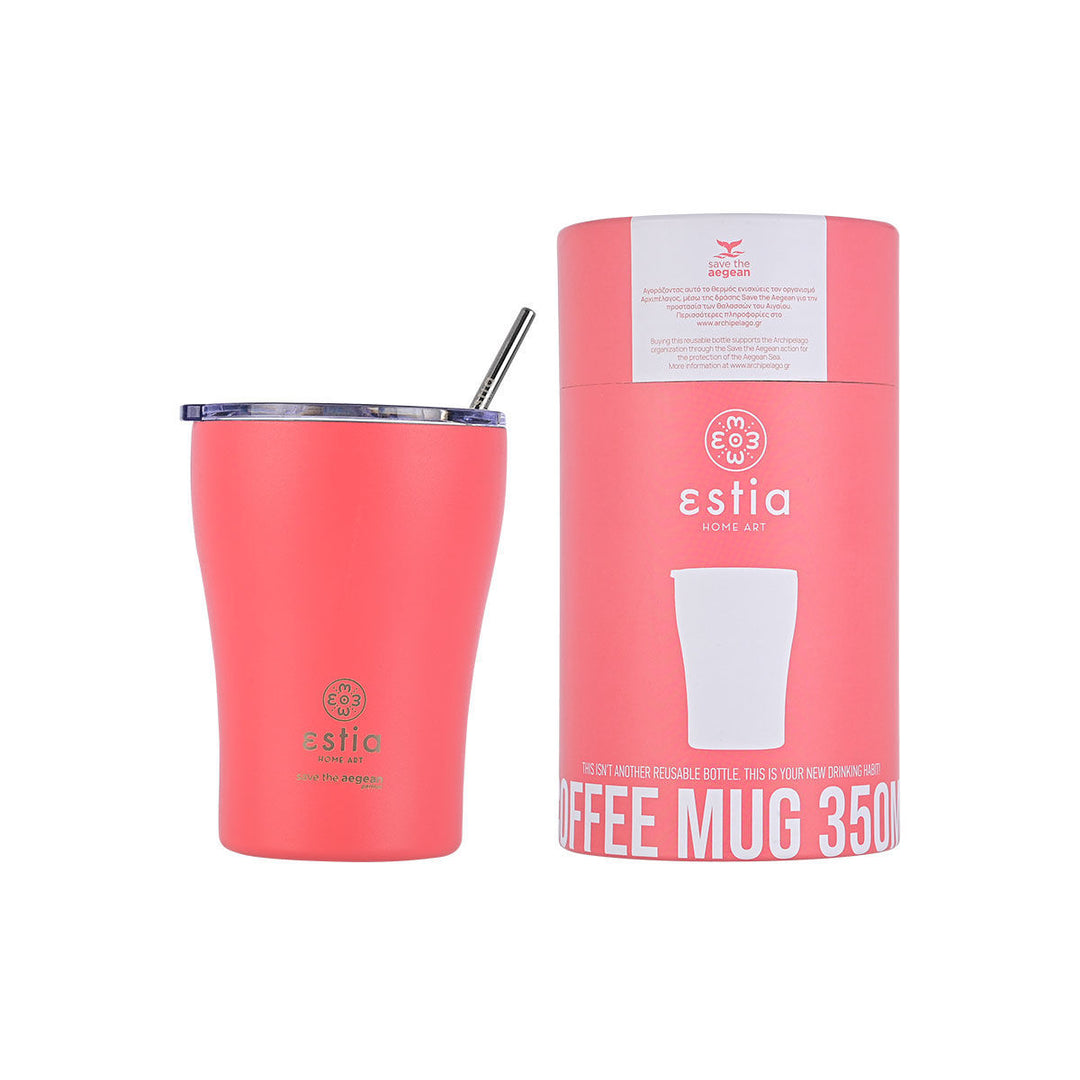 Σετ Estia Home Art θερμός κούπα Save the Aegean 350ml σε ροζ κοραλί με κυλινδρική συσκευασία σε ροζ κοραλί-λευκό χρώμα σε ουδέτερο φόντο