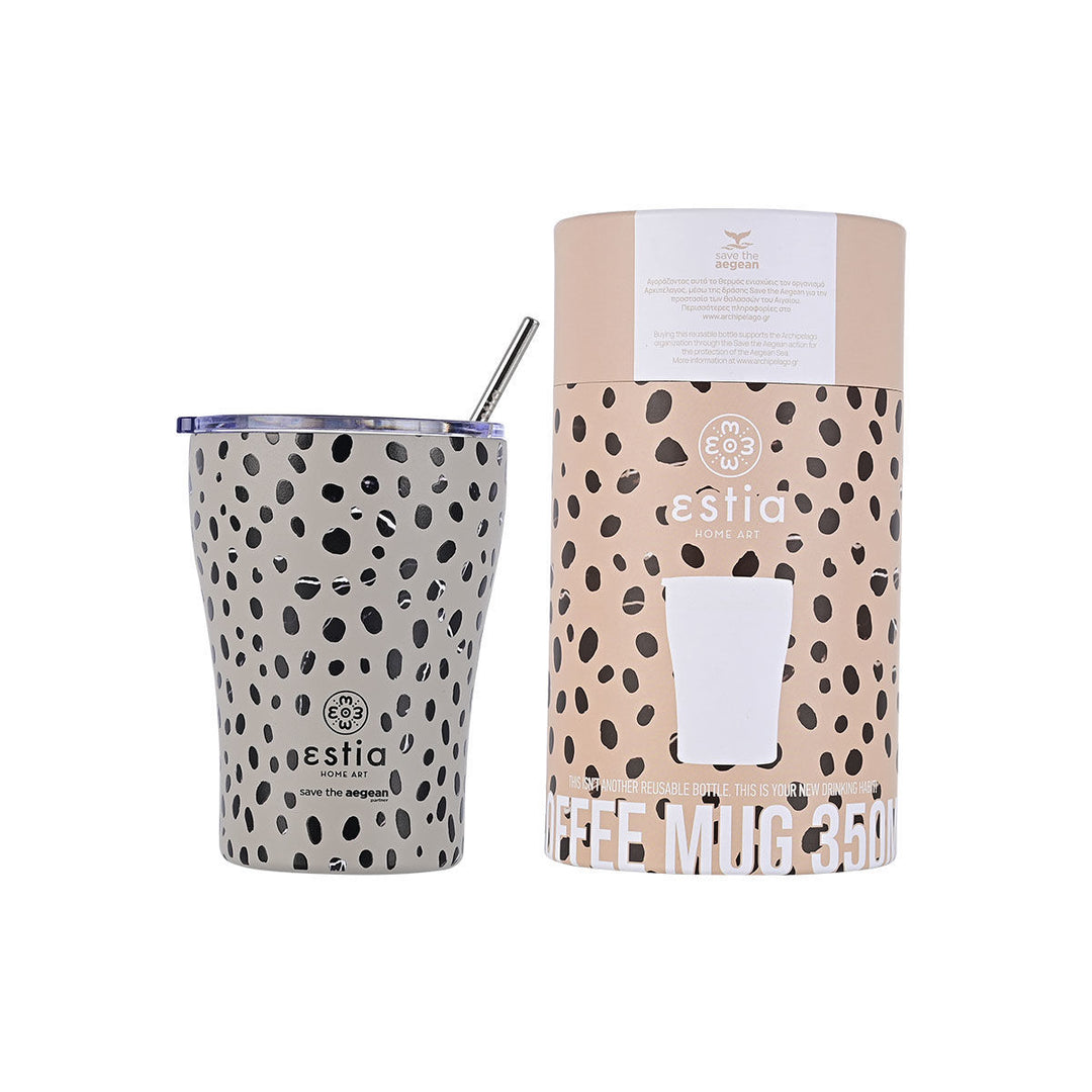 Σετ με την κούπα καφέ Estia Save the Aegean 350ml Leopard Taupe και τη συσκευασία της