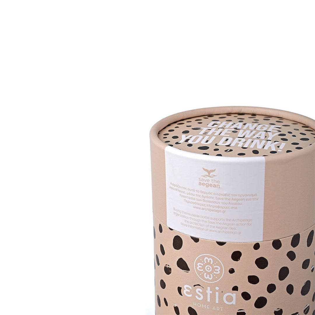 Συσκευασία κούπας καφέ Estia Save the Aegean 350ml σε σχέδιο Leopard Taupe, με μήνυμα “Change the way you drink!”