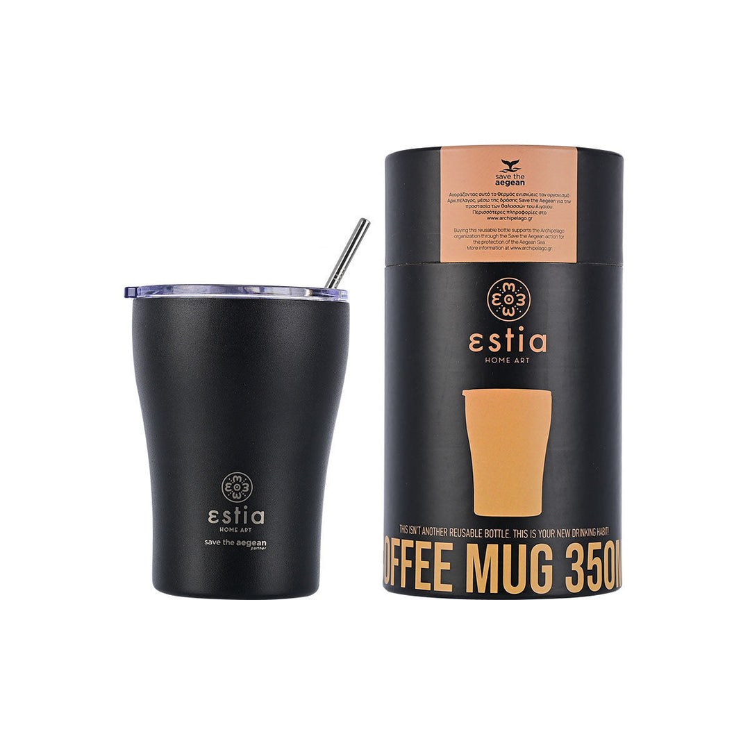 Σετ Estia Home Art με κούπα καφέ θερμός 350ml σε μαύρο χρώμα και κυλινδρική συσκευασία με μπεζ λεπτομέρειες Save the Aegean