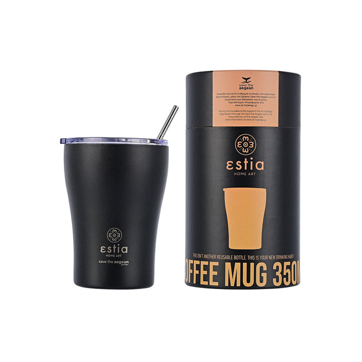 Σετ Estia Home Art με κούπα καφέ θερμός 350ml σε μαύρο χρώμα και κυλινδρική συσκευασία με μπεζ λεπτομέρειες Save the Aegean