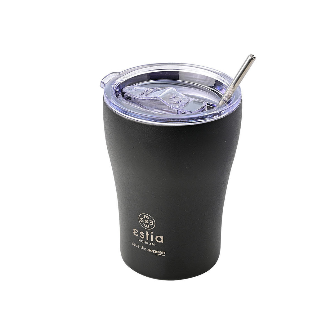 Θερμός κούπα καφέ Estia Home Art 350ml σε μαύρο ματ χρώμα με διάφανο καπάκι και ανοξείδωτο καλαμάκι