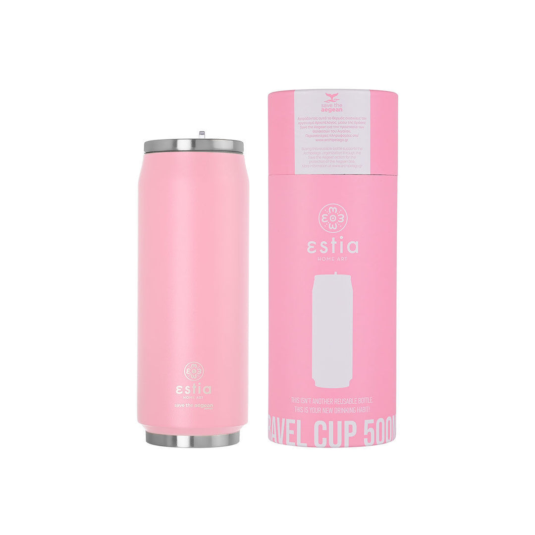 Estia Ποτήρι Θερμός Με Καλαμάκι Save The Aegean 500ml Ροζ Blossom Rose Travel Cup