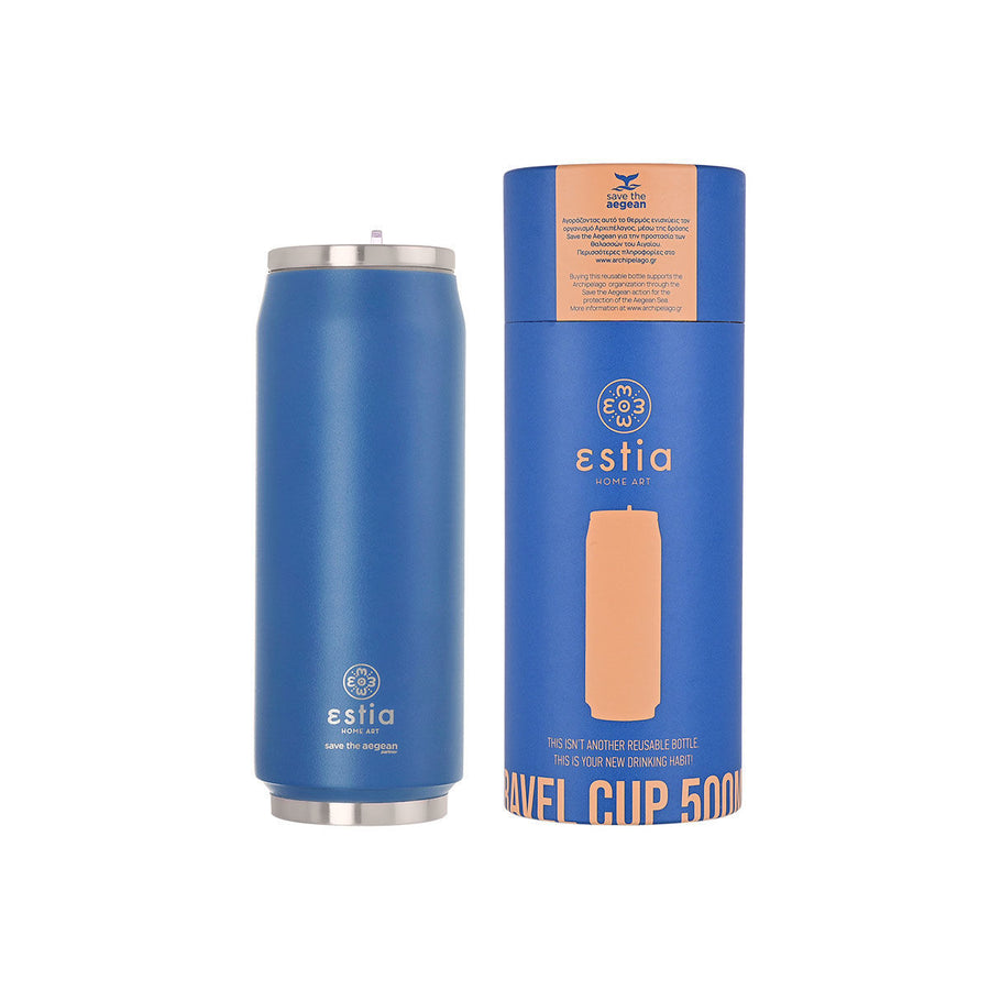 Estia Ποτήρι Θερμός Με Καλαμάκι Save The Aegean 500ml Μπλε Denim Blue Travel Cup