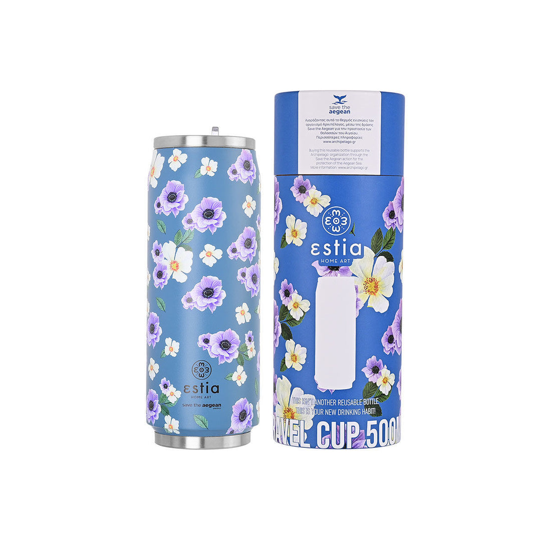 Estia Ποτήρι Θερμός Με Καλαμάκι Save The Aegean 500ml Μωβ Φλοράλ Garden Blue