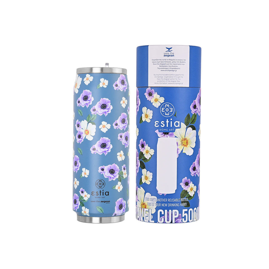 Estia Ποτήρι Θερμός Με Καλαμάκι Save The Aegean 500ml Μωβ Φλοράλ Garden Blue
