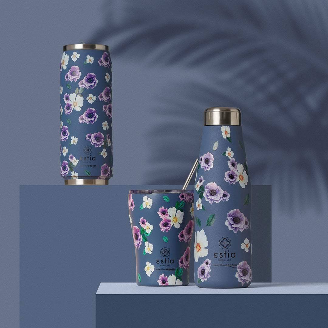 Estia Ποτήρι Θερμός Με Καλαμάκι Save The Aegean 500ml Μωβ Φλοράλ Garden Blue