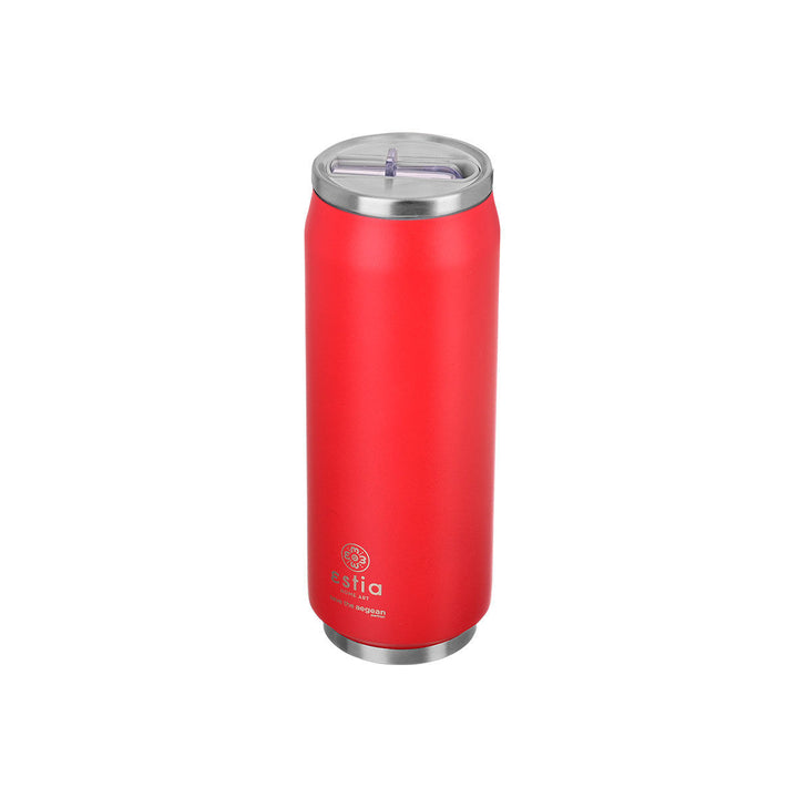 Θερμός Estia Home Art Travel Cup 500ml Scarlet Red σε έντονη κόκκινη απόχρωση με καπάκι inox και διάφανη βαλβίδα, φωτογραφημένος σε λευκό φόντο.