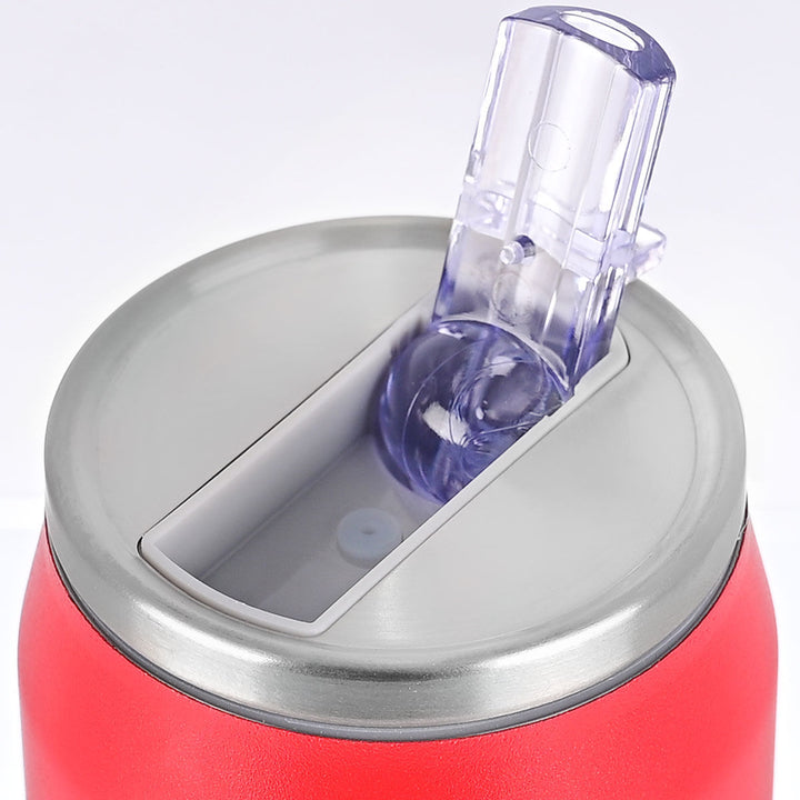 Πάνω όψη του θερμός Estia Home Art Scarlet Red με διάφανη βαλβίδα σε μοβ χρώμα και μεταλλικό τελείωμα, φωτογραφημένος σε λευκό φόντο.