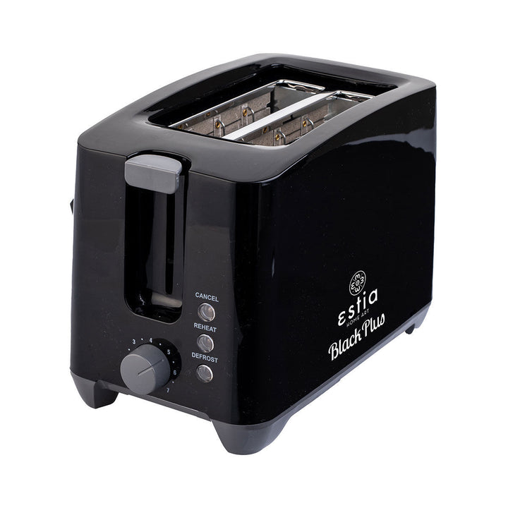 Μαύρη φρυγανιέρα Estia Black Plus με επιλογέα 7 επιπέδων ψησίματος και λειτουργίες αναθέρμανσης και απόψυξης.