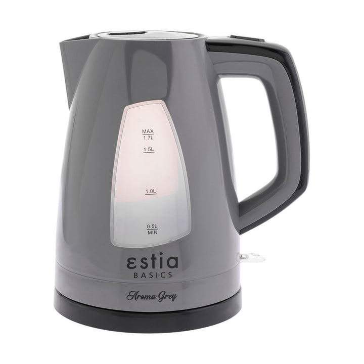 Ηλεκτρικός βραστήρας Estia Aroma Grey με καπάκι που ανοίγει με κουμπί, αποσπώμενο φίλτρο αλάτων και κομψή γκρι απόχρωση.