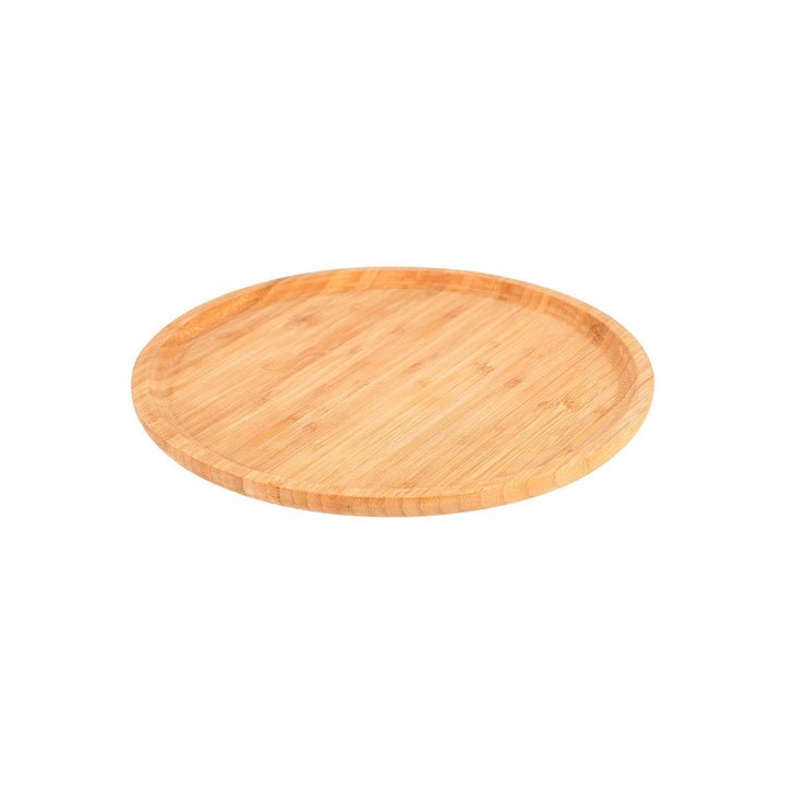 Στρογγυλή ξύλινη βάση από bamboo σε φυσικό χρώμα, ιδανική για σερβίρισμα ή προστασία επιφανειών, σε λευκό φόντο.