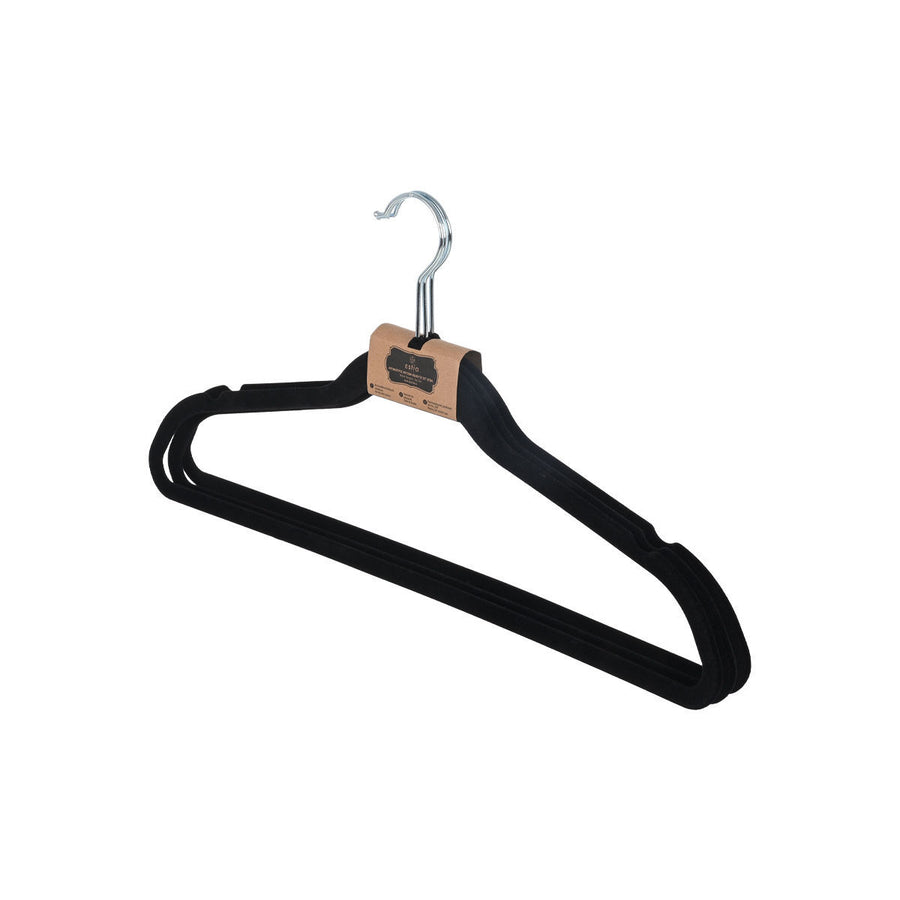 Κρεμάστρα Ρούχων Με Εγκοπές Αντιολισθητική Βελουτέ Μαύρη Σετ 3τμχ Estia