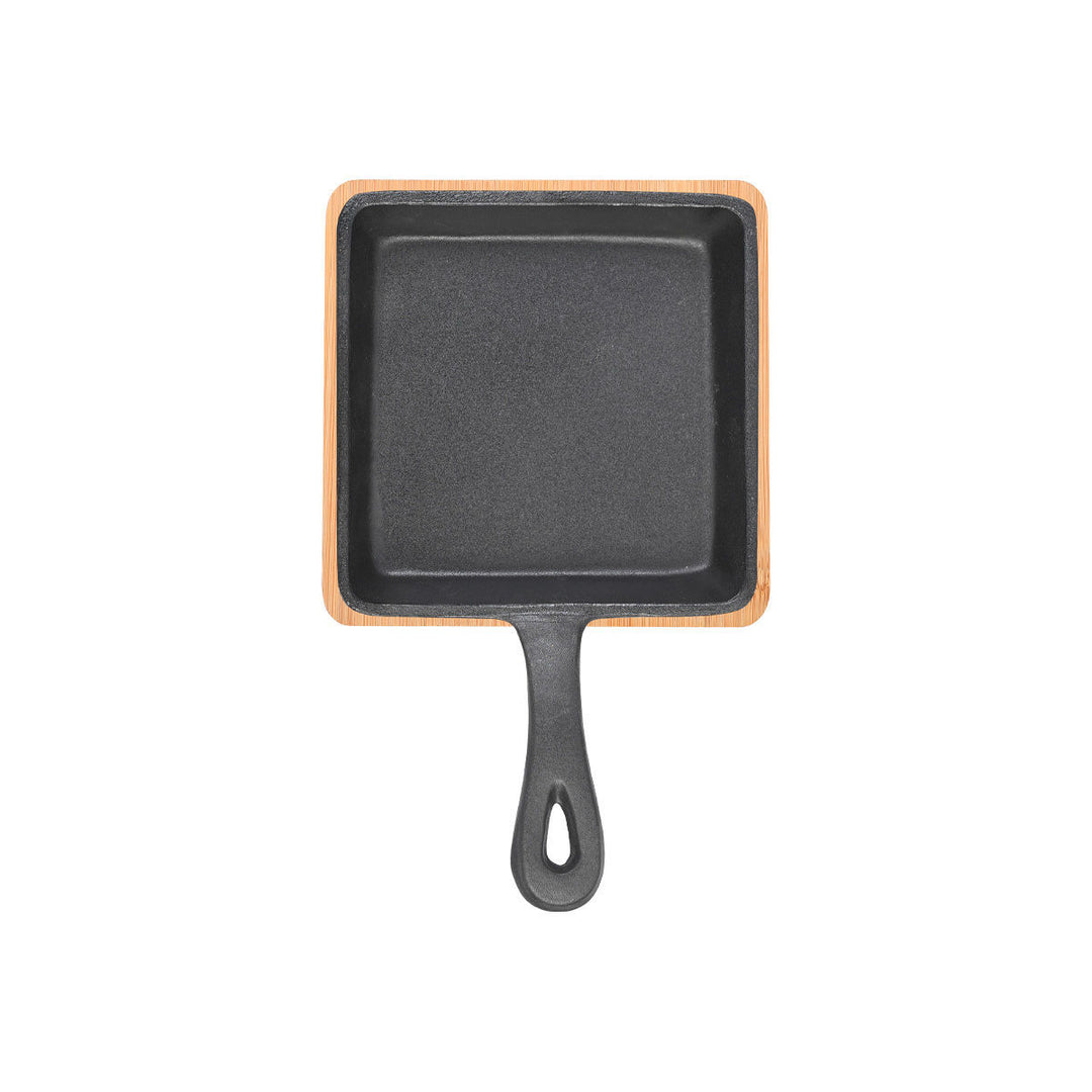 Τηγάνι Μαύρο Σερβιρίσματος Από Χυτοσίδηρο Τετράγωνο Με Βάση Bamboo 14cm