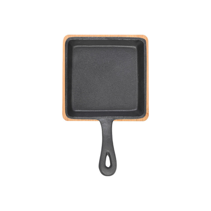 Τηγάνι Μαύρο Σερβιρίσματος Από Χυτοσίδηρο Τετράγωνο Με Βάση Bamboo 14cm