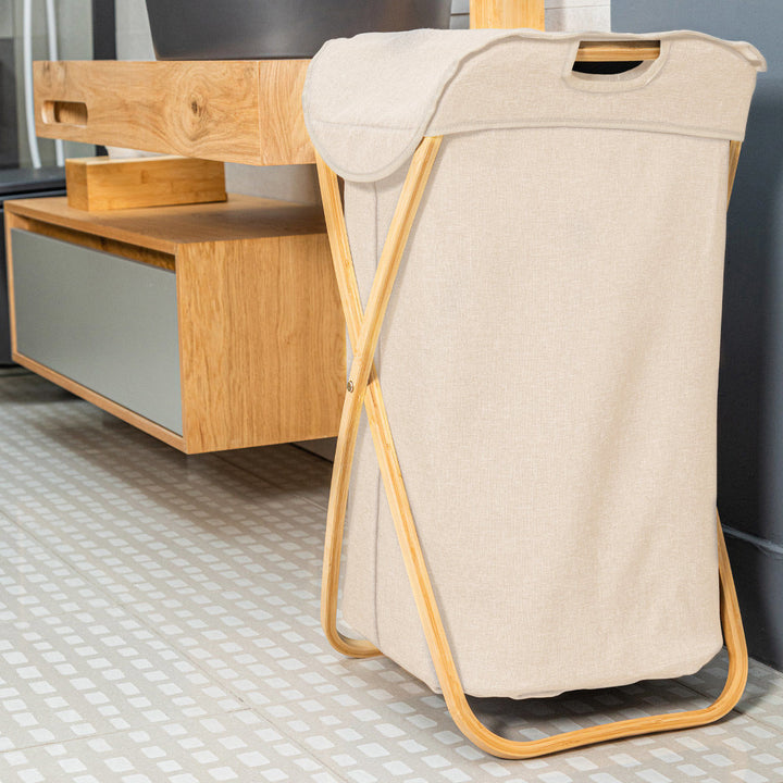 Καλάθι Απλύτων Πτυσσόμενο Μπεζ Με Υφασμάτινη Θήκη 40x40x70cm Bamboo Essentials Estia
