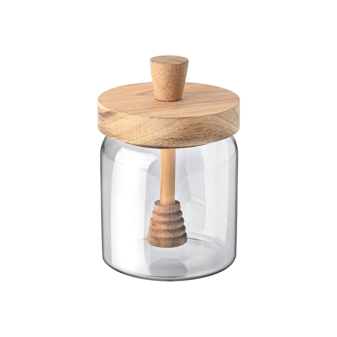 Δοχείο Μελιού Γυάλινο Με Ξύλινο Αεροσταγές Καπάκι Με Κουτάλι Μελιού 450ml