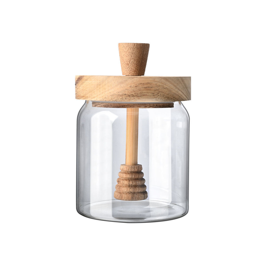 Δοχείο Μελιού Γυάλινο Με Ξύλινο Αεροσταγές Καπάκι Με Κουτάλι Μελιού 450ml
