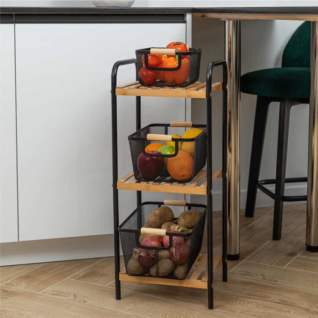 Καλάθι Οργάνωσης Μεταλλικό Με Ξύλινες Λαβές 35x23 Μαύρο Estia