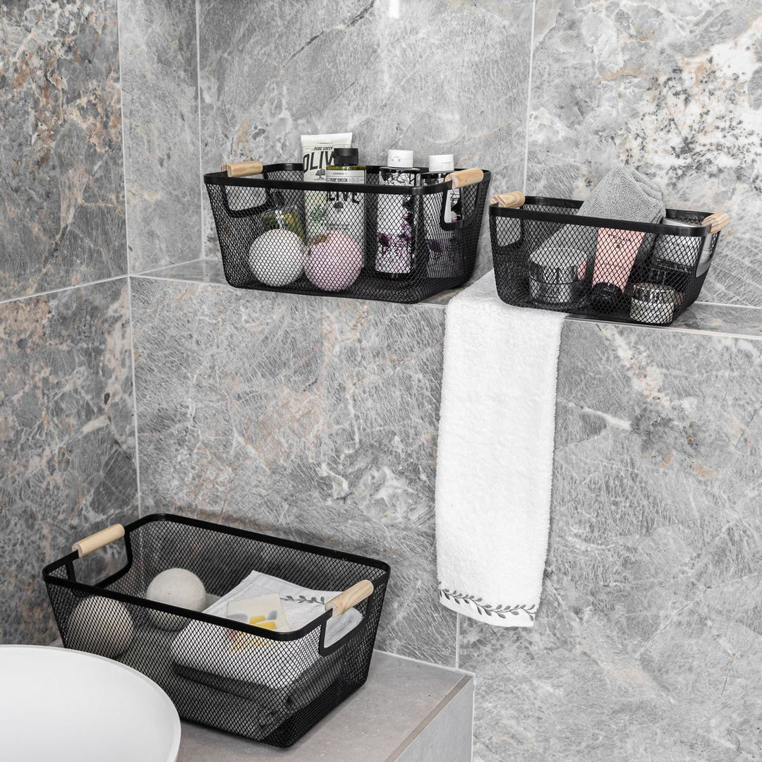 Καλάθι Οργάνωσης Μεταλλικό Με Ξύλινες Λαβές 24x17 Μαύρο Estia