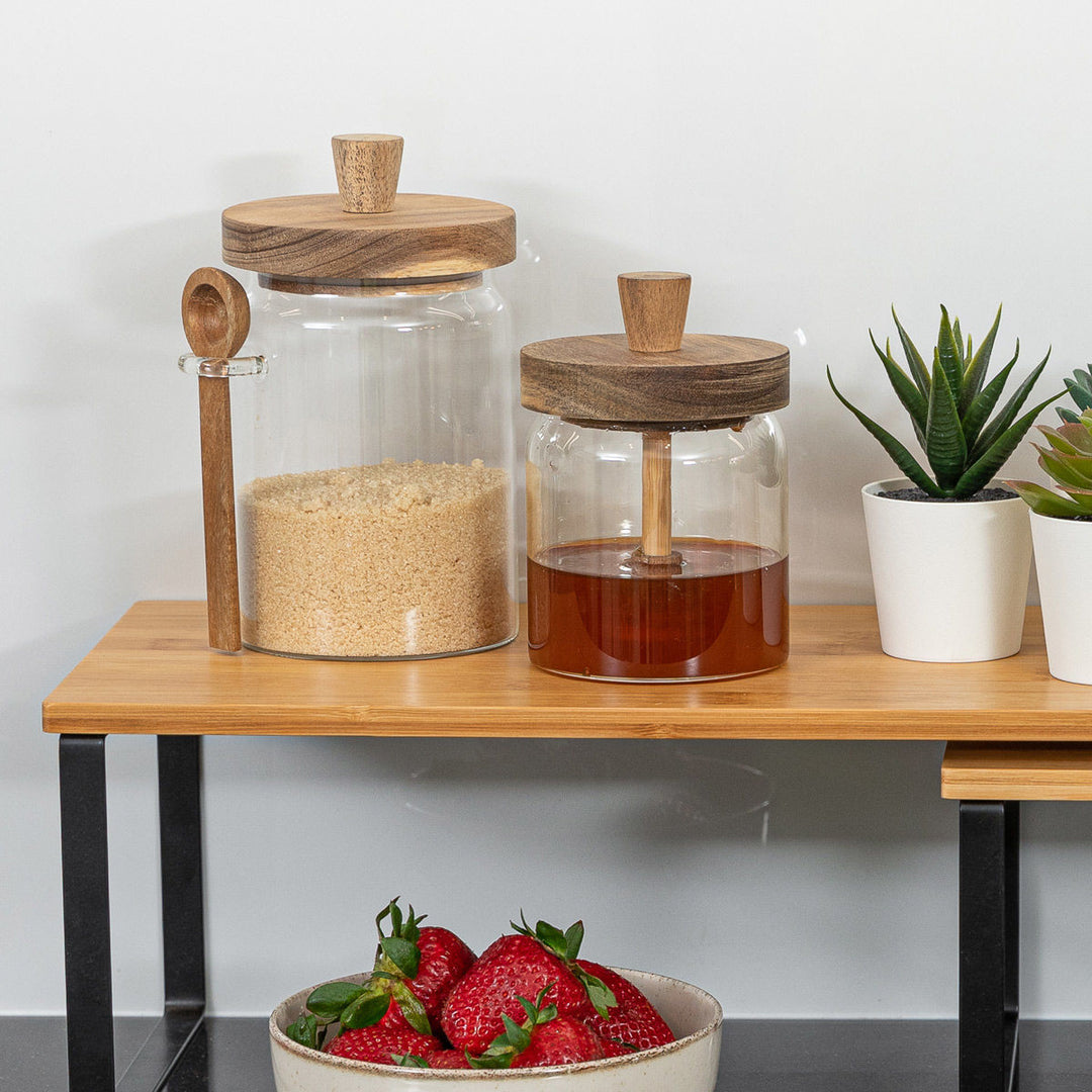 Δοχείο Μελιού Γυάλινο Με Ξύλινο Αεροσταγές Καπάκι Με Κουτάλι Μελιού 450ml