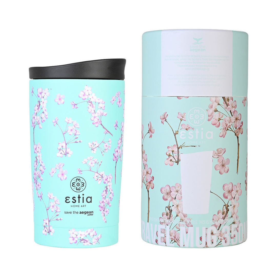 Estia Ποτήρι Θερμός  Save The Aegean 350ml Εκρού Με Λουλούδια Blossom Green Travel Mug