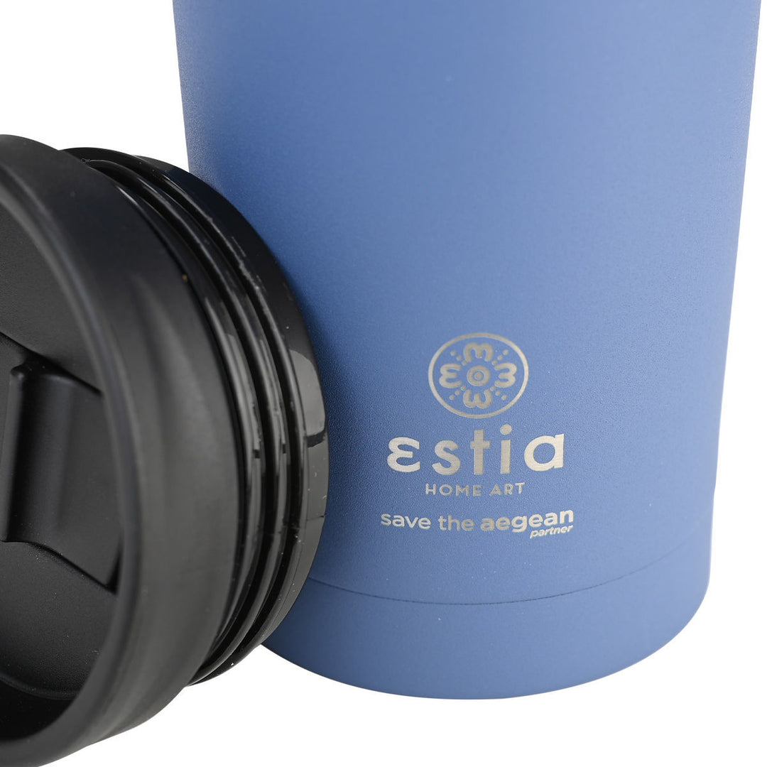 Μπλε ανοξείδωτο θερμό Estia Save the Aegean 350ml με καπάκι βιδωτό, φωτογραφημένο σε ουδέτερο λευκό φόντο.