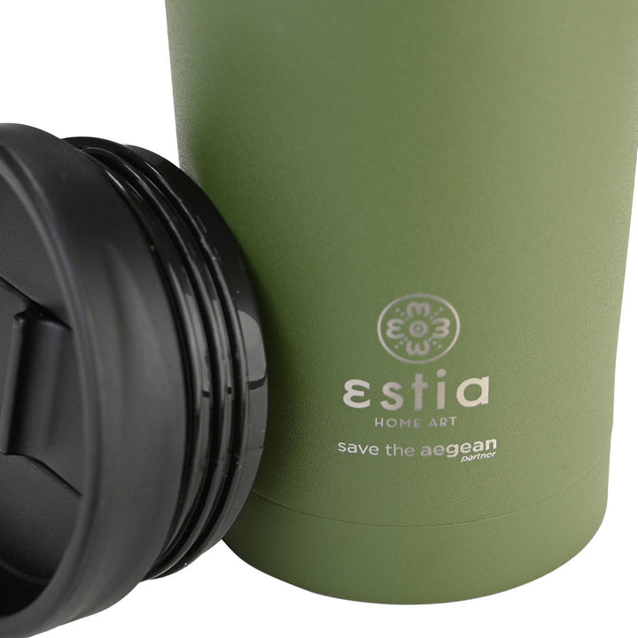Πράσινο ανοξείδωτο θερμό Estia Save the Aegean 350ml με καπάκι βιδωτό, φωτογραφημένο σε ουδέτερο λευκό φόντο.
