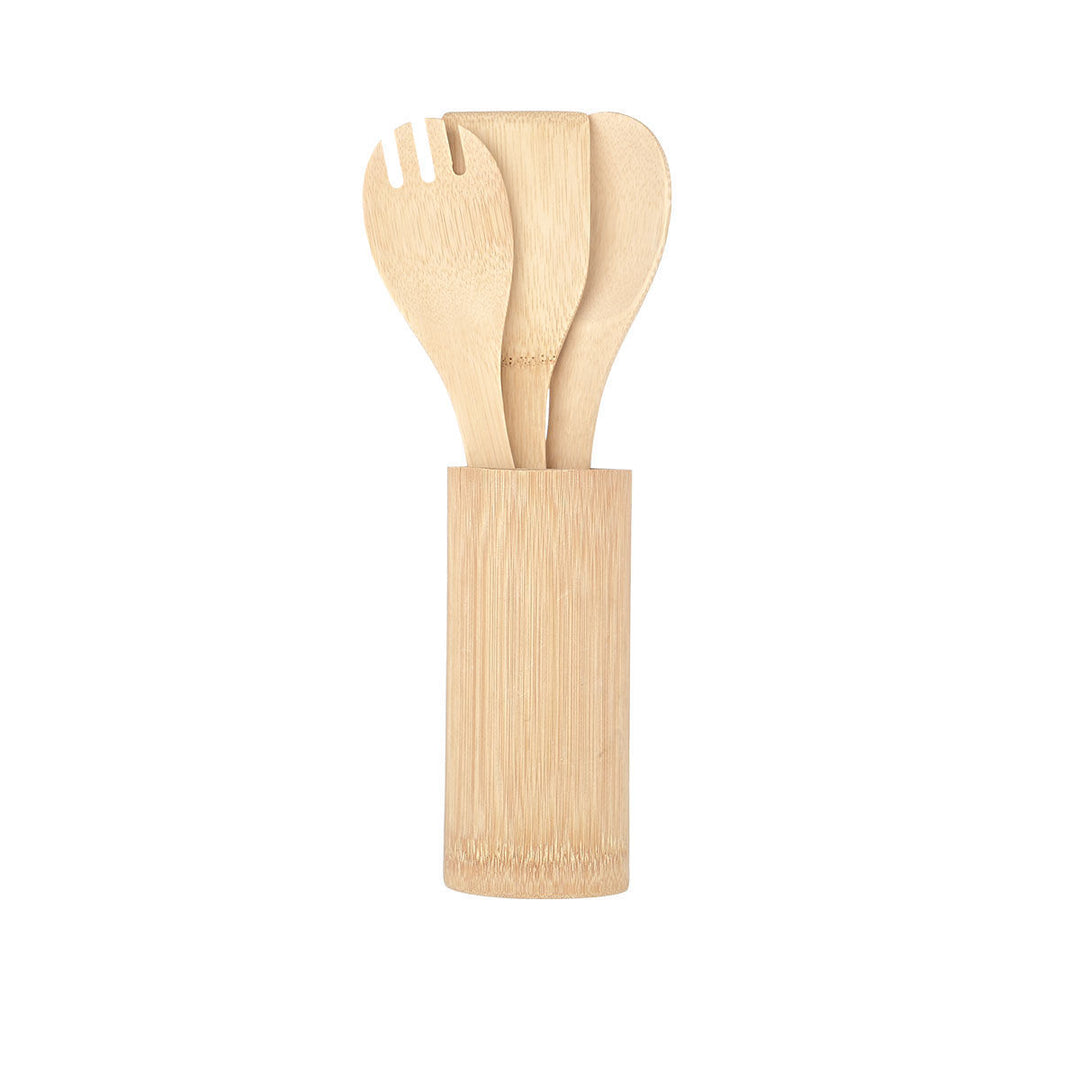 Ξύλινα κουτάλια και σπάτουλα Bamboo Essentials Estia τοποθετημένα σε κυλινδρική βάση.
