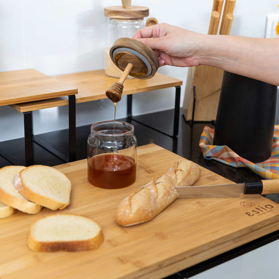 Δοχείο Μελιού Γυάλινο Με Ξύλινο Αεροσταγές Καπάκι Με Κουτάλι Μελιού 450ml