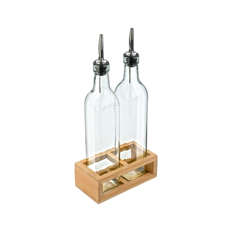 Μπουκάλια Γυάλινα Με Ροή Για Λάδι & Ξύδι Σετ 2 τμχ 500ml Σε Ξύλινη Βάση Estia