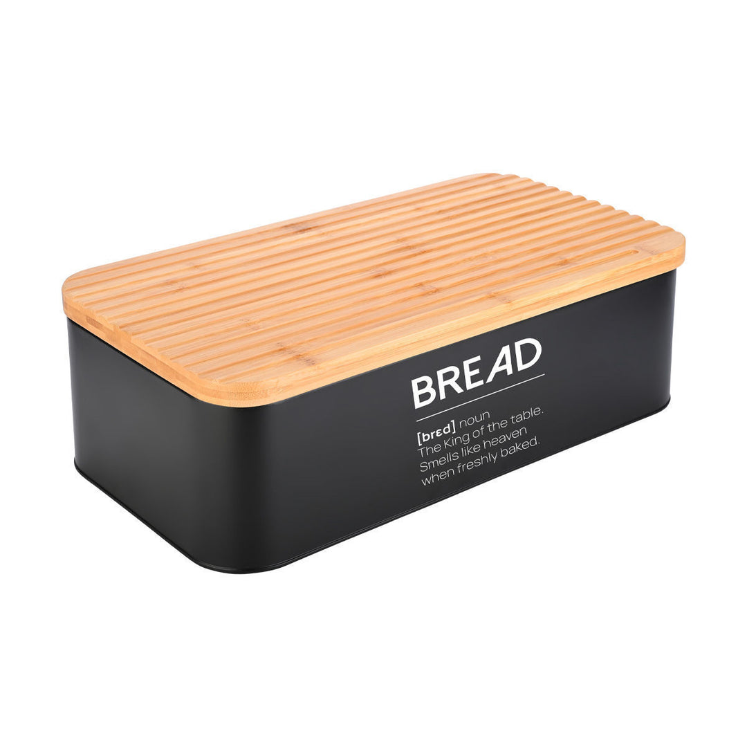 Ψωμιέρα Μεταλλική Μαύρη Με Επιγραφή 'Bread' & Bamboo Καπάκι Estia 42X23X13cm