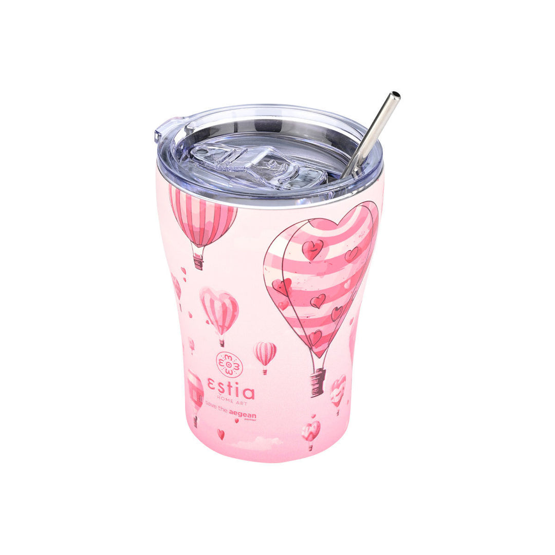 Θερμός ποτήρι Coffee Mug Save the Aegean 350ml Love Ascend σε ροζ χρώμα με καπάκι και μεταλλικό καλαμάκι.