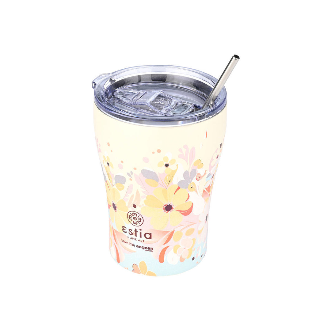 Επαναχρησιμοποιούμενο ποτήρι Estia Home Art Save the Aegean 350ml με λουλουδάτο σχέδιο και καπάκι, σε ουδέτερο φόντο.