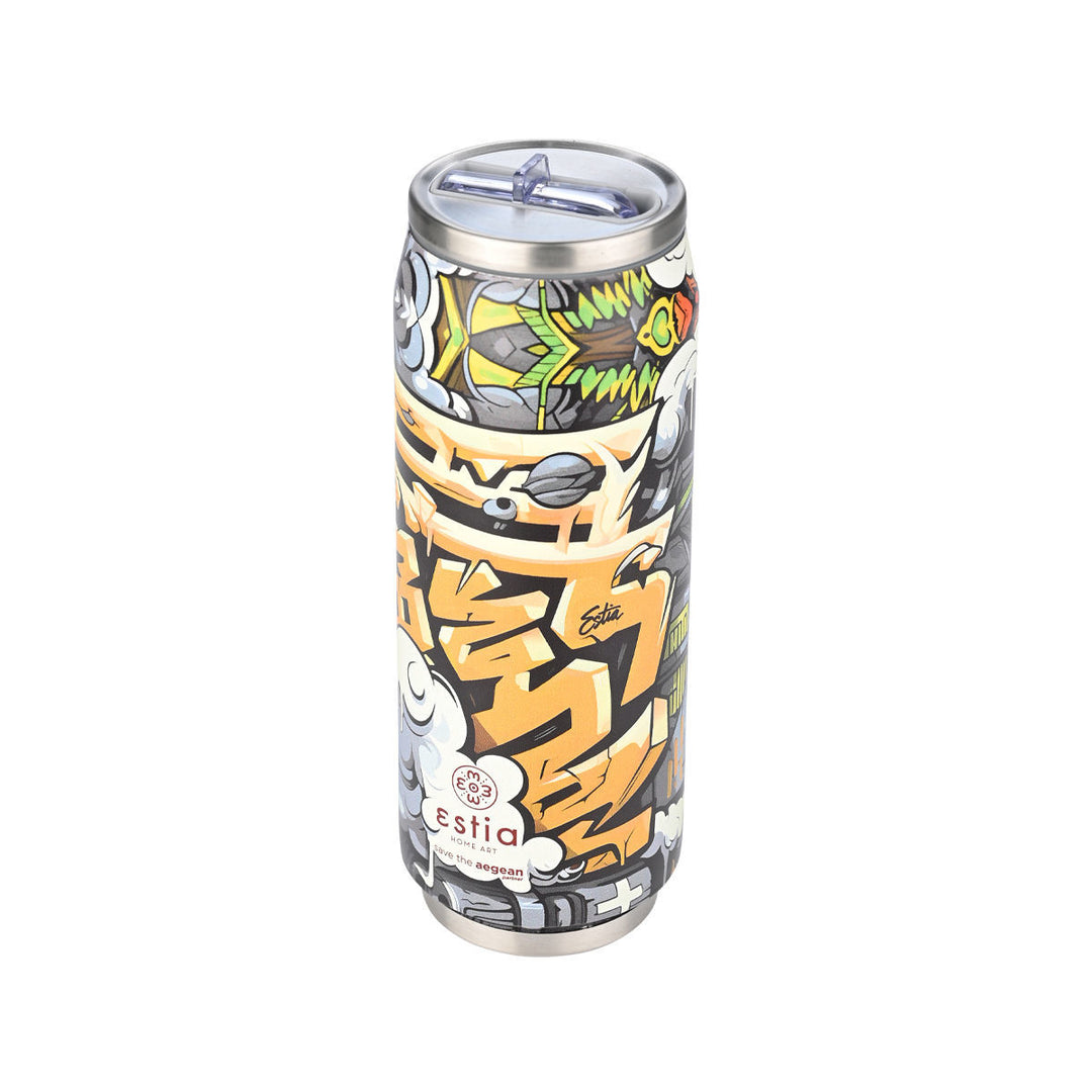 Θερμός Estia Home Art Graffiti Rhythm 500ml με ζωηρό σχέδιο γκράφιτι σε αποχρώσεις πορτοκαλί, μαύρου και πράσινου, Save the Aegean.