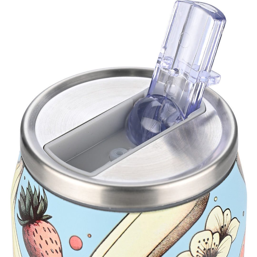 Καπάκι του θερμός Estia Home Art Banana Swirl με διάφανο στόμιο σε ανοιχτή θέση και μεταλλική στεφάνη.