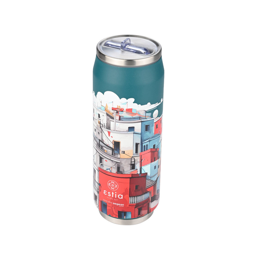 Θερμός Estia Home Art Travel Cup 500ml Urban Mythos με σχέδιο πόλης, σε αποχρώσεις γαλάζιου, κόκκινου και λευκού, και μεταλλική βάση.