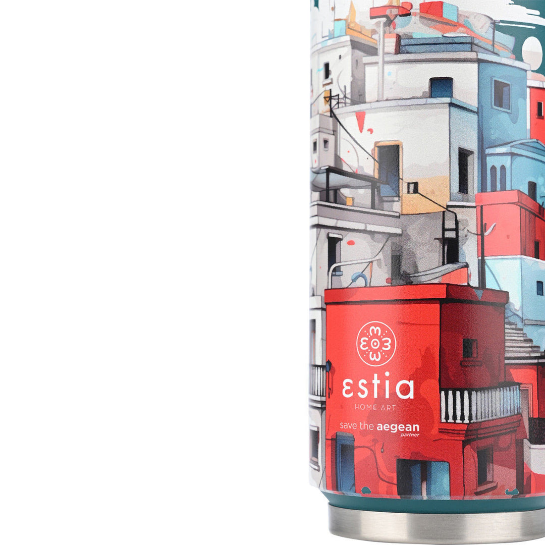 Θερμός Estia Home Art Urban Mythos 500ml με σχέδιο πόλης σε αποχρώσεις μπλε, γκρι και κόκκινου, από τη σειρά Save the Aegean.