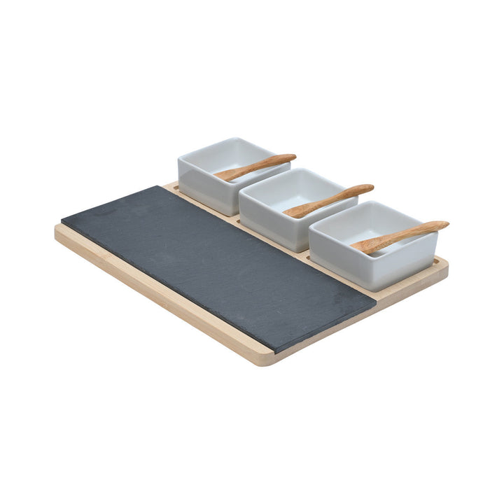 Πλατώ Σερβιρίσματος Σχιστόλιθου Με Ξύλινη Βάση & 3 Μπολ Με Κουτάλι Estia