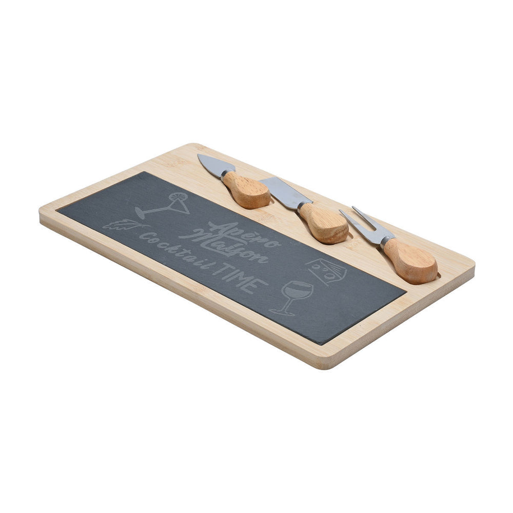 Πλατώ Σερβιρίσματος Σχιστόλιθου Με Ξύλινη Βάση & 3 Μαχαίρια Τυριού Estia 33X19cm
