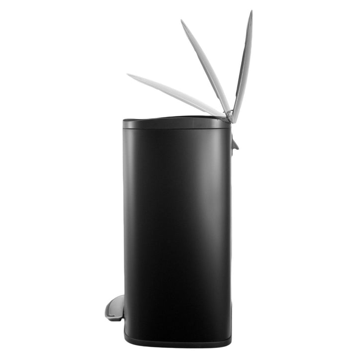 Πλαϊνή όψη ανοξείδωτου κάδου απορριμμάτων με καπάκι soft close σε ανοιχτή θέση.