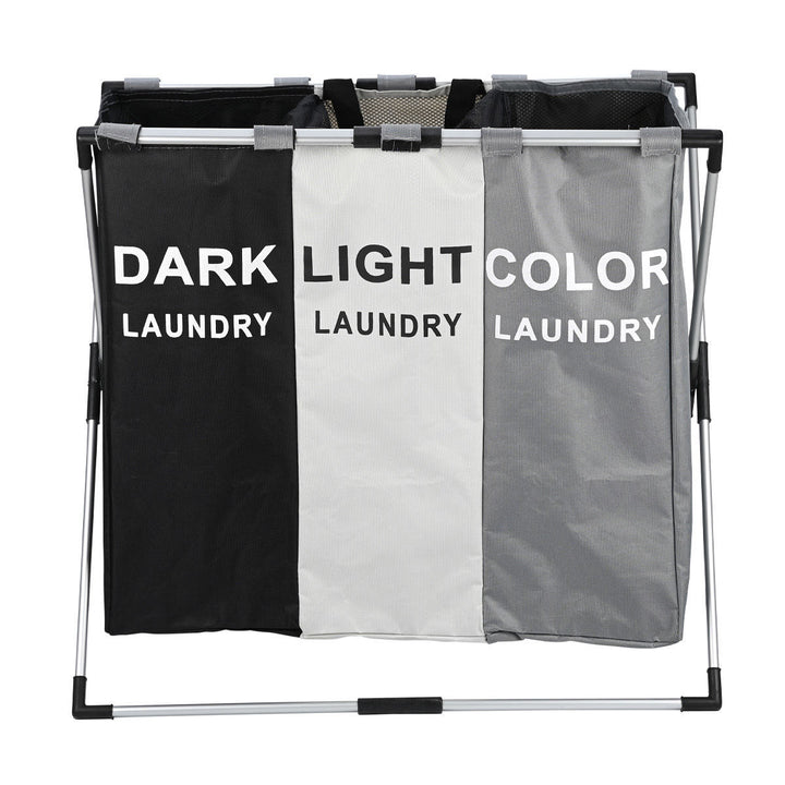Πτυσσόμενο καλάθι άπλυτων Estia τριών θέσεων σε μαύρο, λευκό και γκρι με μεταλλικό σκελετό.