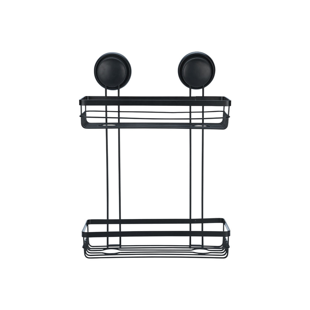 Μαύρη μεταλλική ραφιέρα μπάνιου με δύο επίπεδα και βάση βεντούζας, σε λευκό φόντο, με μίνιμαλ σχεδιασμό και ανοιχτή κατασκευή για αποστράγγιση νερού.