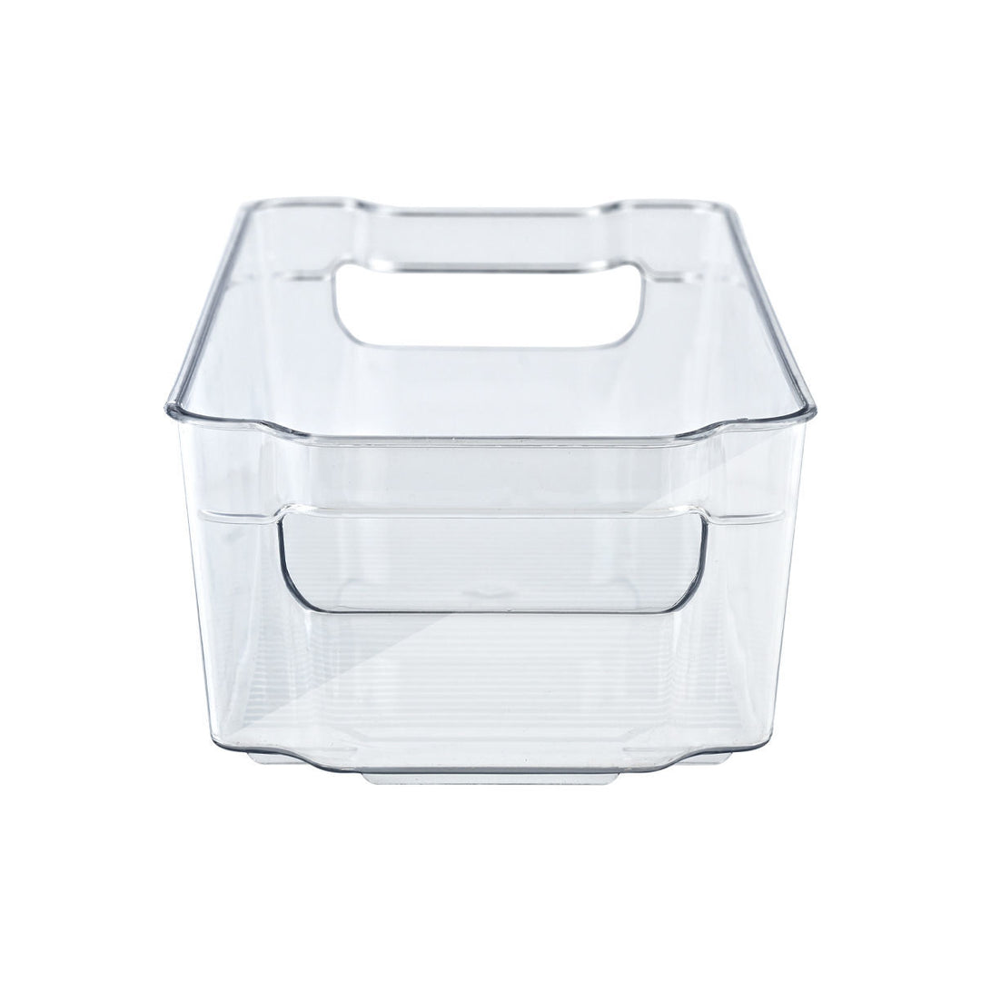 Εμπρόσθια όψη πλαστικού κουτιού με καμπύλες και διαφανές σώμα, σε λευκό φόντο.