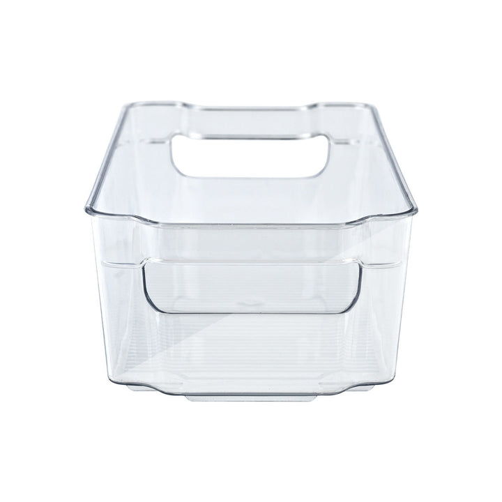 Εμπρόσθια όψη πλαστικού κουτιού με καμπύλες και διαφανές σώμα, σε λευκό φόντο.