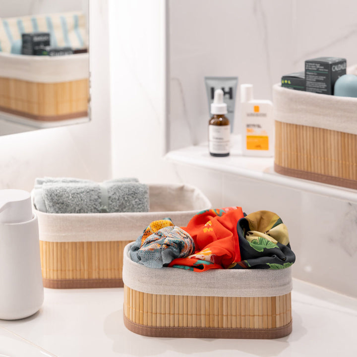 Καλάθι Αποθήκευσης & Οργάνωσης Με Επένδυση Μπεζ 30x20cm Bamboo Essentials Estia
