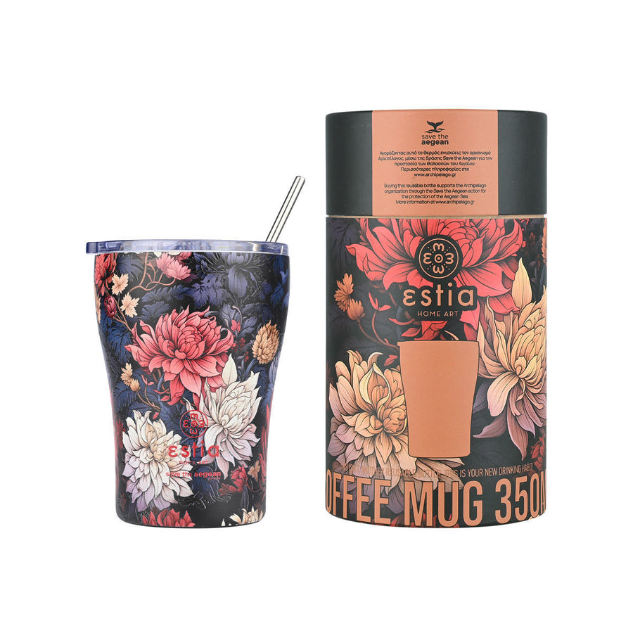 Estia Ποτήρι Θερμός  Save The Aegean 350ml Μαύρο Φλοράλ Midnight Blosom Coffee Mug