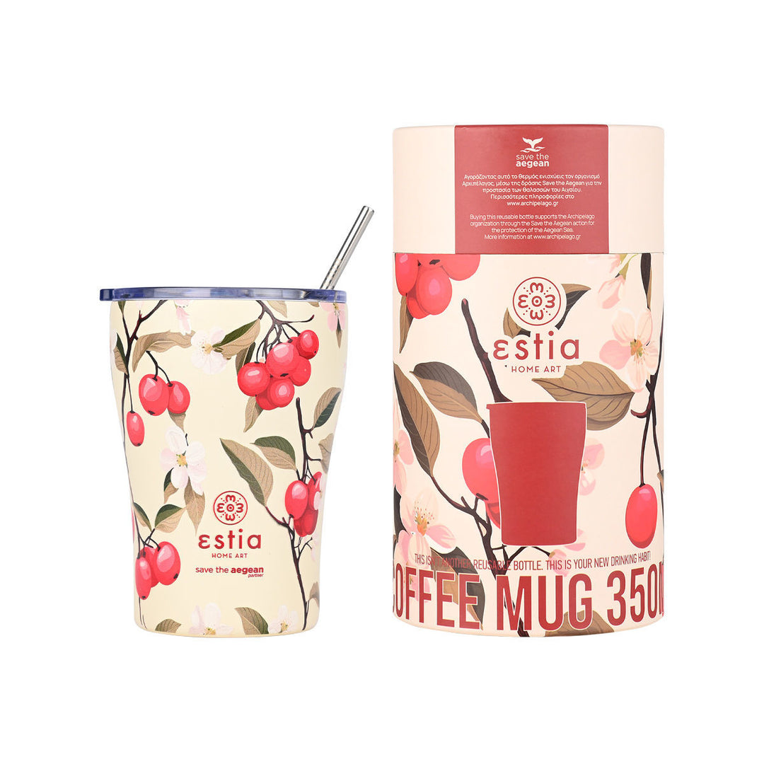 Coffee mug Sakura Whisper 350ml με floral σχέδιο και κυλινδρική συσκευασία στο πλάι, σε ουδέτερο φόντο.