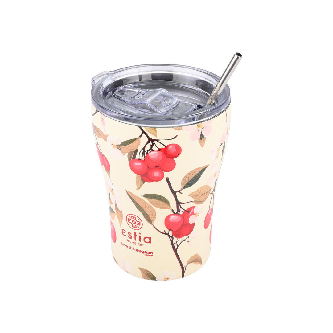 Θερμός coffee mug Sakura Whisper χωρητικότητας 350ml με καπάκι και μεταλλικό καλαμάκι, σε ουδέτερο φόντο.