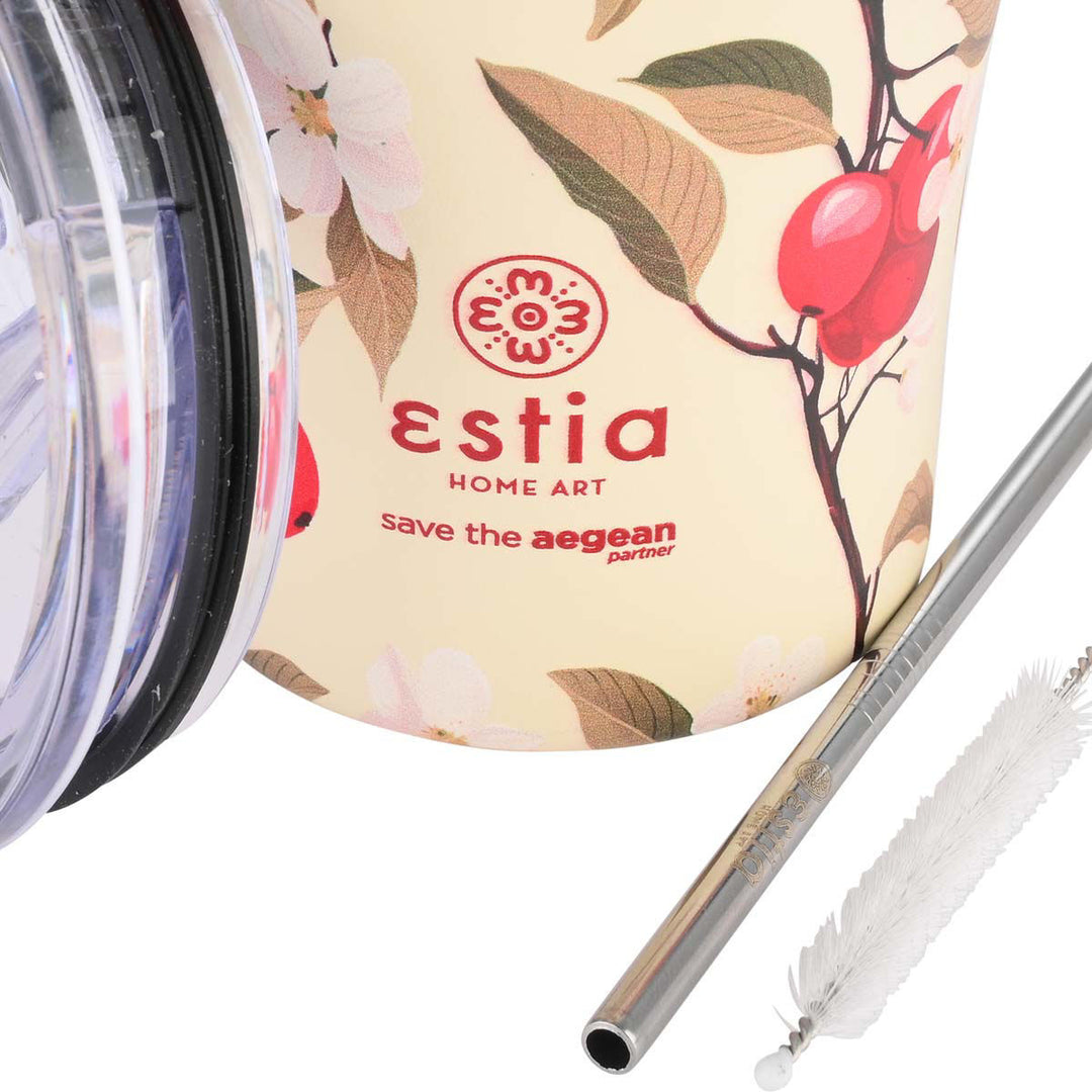 Λεπτομέρεια από το ποτήρι Sakura Whisper με λουλούδια και κόκκινα μοτίβα, μεταλλικό καλαμάκι και βουρτσάκι καθαρισμού, σε ουδέτερο φόντο.